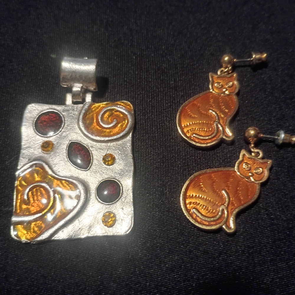 Silver-Tone Pendant, Orange Enamel with Red Stones + Orange Enamel Cat Earrings.